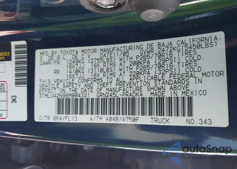 2006 Toyota Tacoma Base V6 z USA, uszkodzony, nr VIN 3TMLU42N96M004331